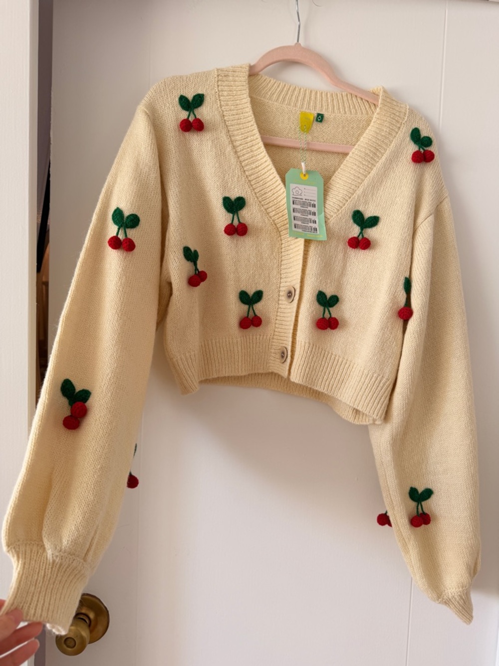 FARM Rio Cream Cropped Cardigan with Red Cherry Embroidery - Picture 4 of 7